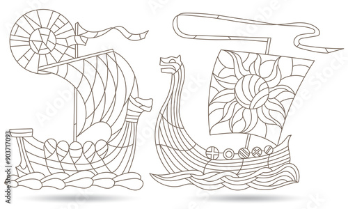 A set of contour illustrations in the style of stained glass with ancient Viking ships, dark contours on a white background