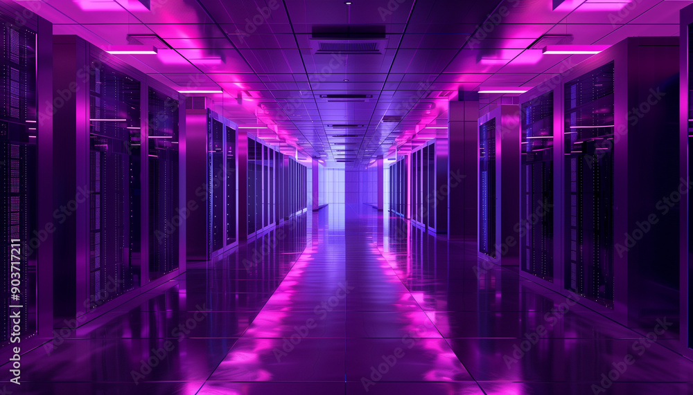 A high-tech data center with glowing purple and pink lights illuminating server racks in a long, reflective hallway. A high-tech data center with glowing purple and pink lights illuminating server racks in a long, reflective hallway.