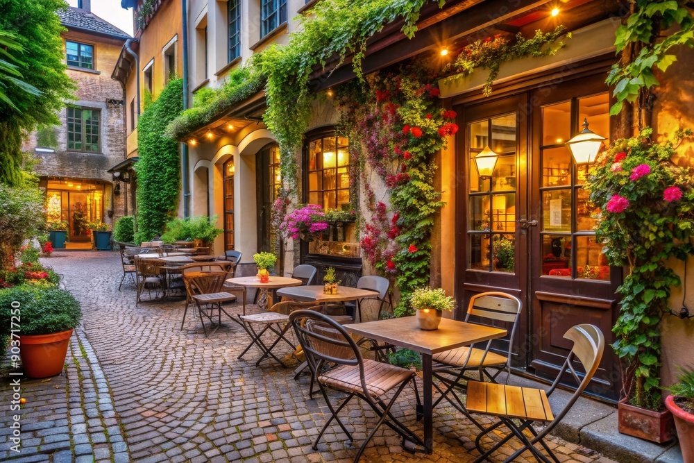 A cobblestone street with a row of outdoor tables and chairs