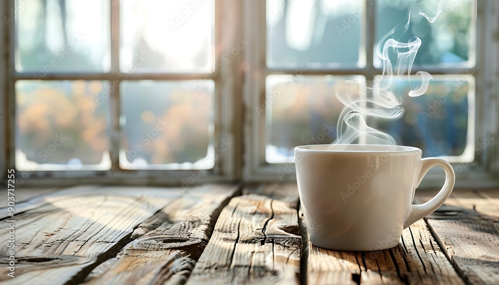 Steaming white cup on a rustic wooden table, with a bright window in the background, tranquil morning scene. Steaming white cup on a rustic wooden table, with a bright window in the background, tranquil morning scene.