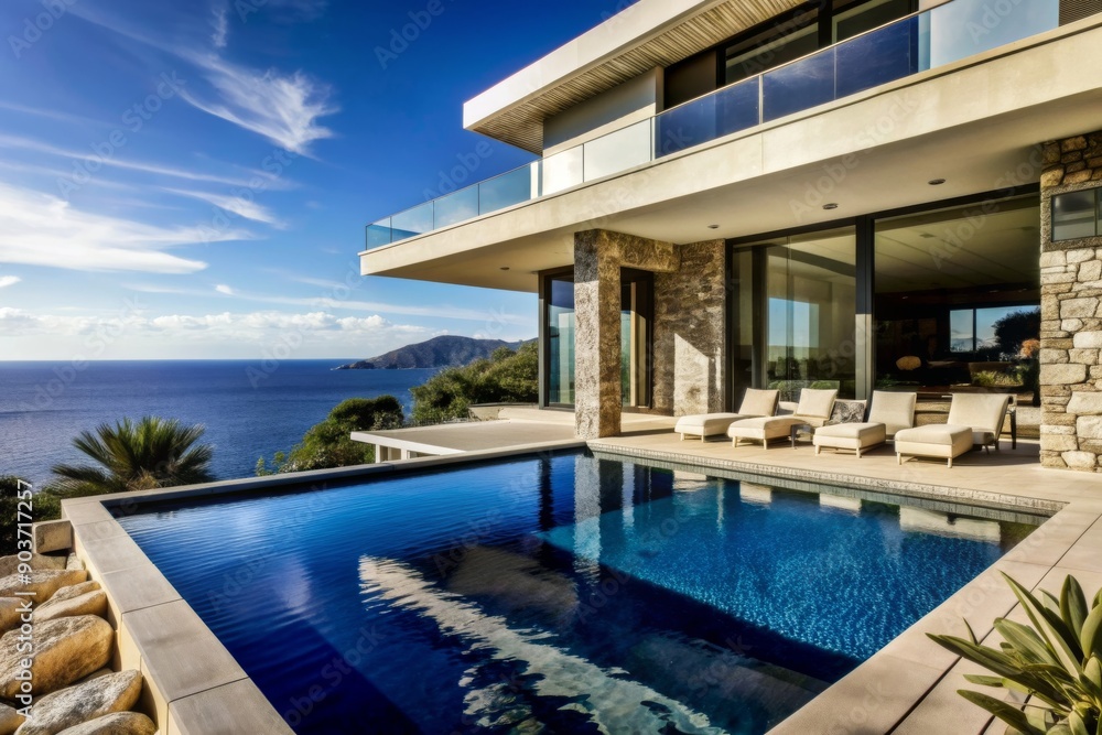 A large house with a pool and a view of the ocean A large house with a pool and a view of the ocean