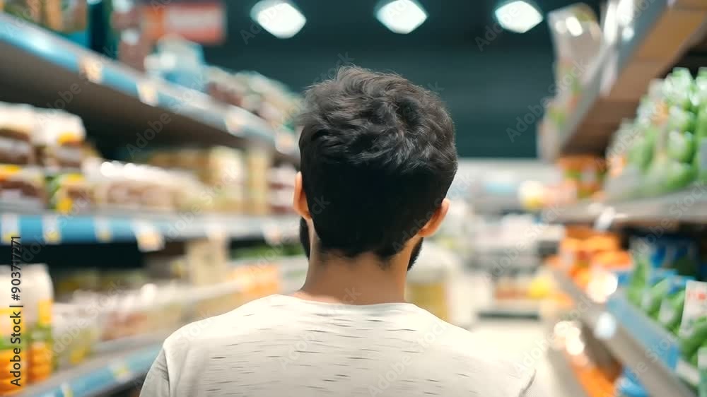 Rearview closeup of man comparing prices and choosing products on a supermarket shelf. male customer behavior, grocery store shopping, consumer decision-making Rearview closeup of man comparing prices and choosing products on a supermarket shelf. male customer behavior, grocery store shopping, consumer decision-making