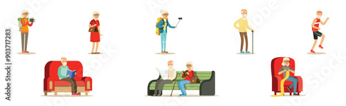 Senior Man and Woman Character Enjoy Retirement Vector Set