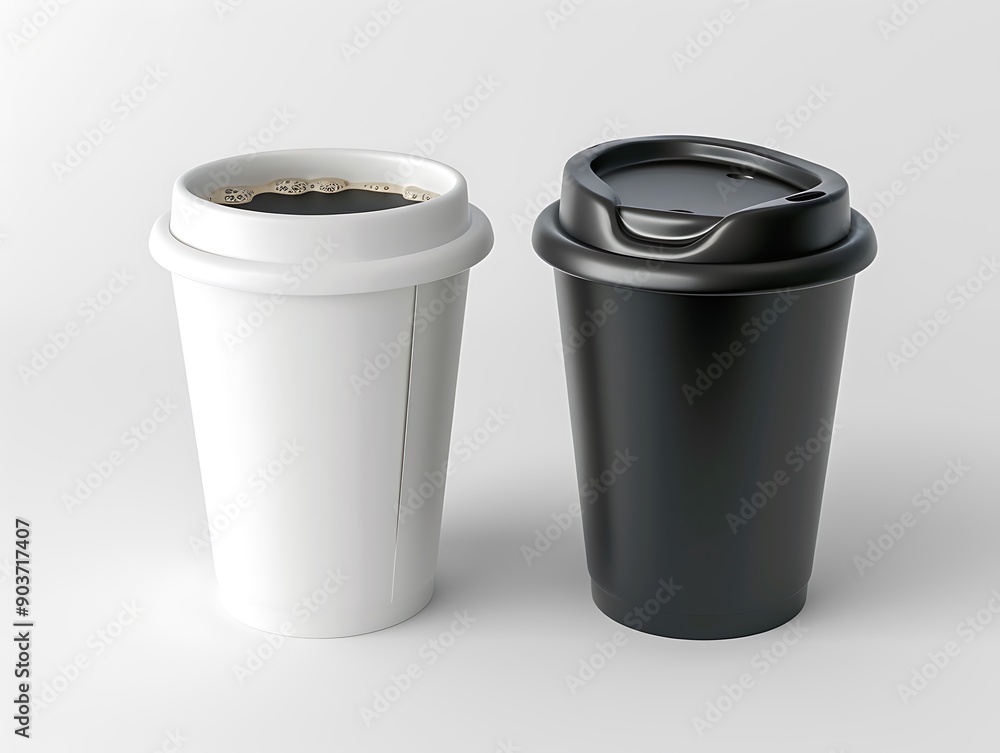 3D rendered white and black paper coffee cups with lids on a white background, ideal for branding and advertising. 3D rendered white and black paper coffee cups with lids on a white background, ideal for branding and advertising.