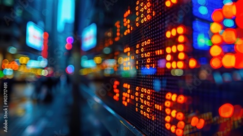 Urban Stock Exchange: A vibrant, blurred cityscape with a stock ticker in sharp focus, capturing the energy and dynamism of the financial markets. 