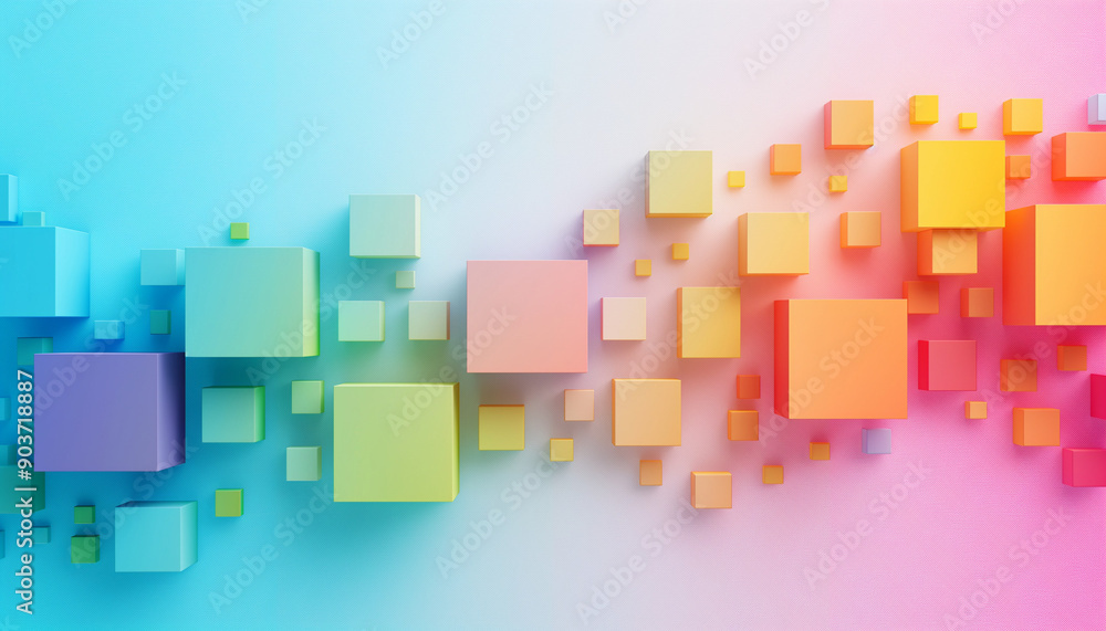 Abstract 3D geometric cubes in gradient colors from blue to pink creating a visually striking and dynamic composition.