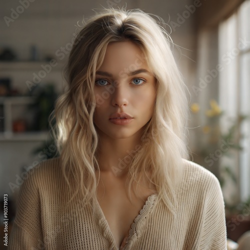 Beautiful portrait in a soft, natural light style features a young woman with blonde hair, perfect for fashion editorials, lifestyle blogs. The background includes a cozy, blurred interior setting.