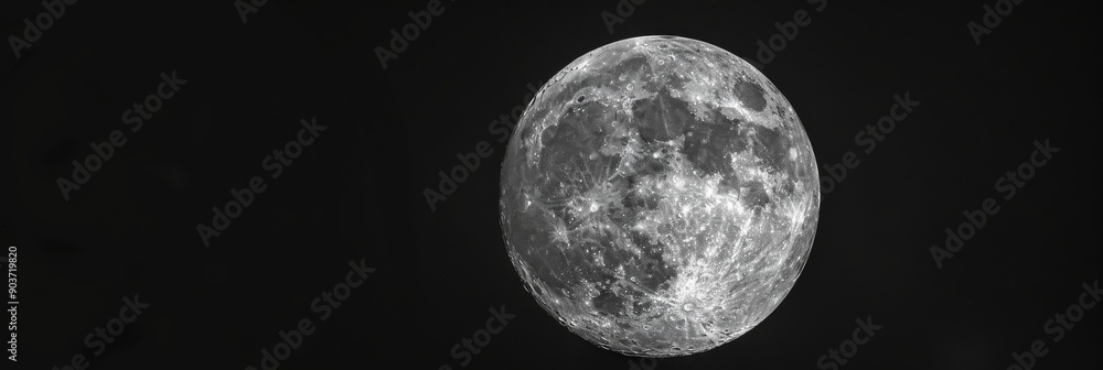 Obraz premium Close up view of a night full Moon reveals its rugged terrain, with craters, mountains, and valleys