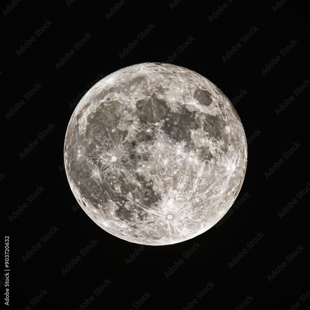 Fototapeta premium Close up view of a night full Moon reveals its rugged terrain, with craters, mountains, and valleys