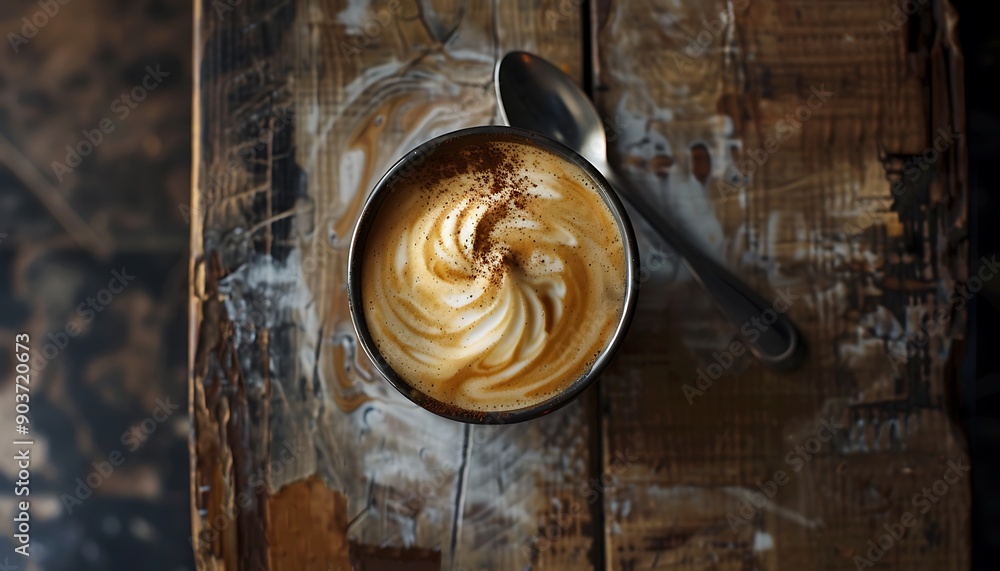 Swirled cappuccino on rustic table, spoon topping, warm light from above, top-down perspective. Swirled cappuccino on rustic table, spoon topping, warm light from above, top-down perspective.