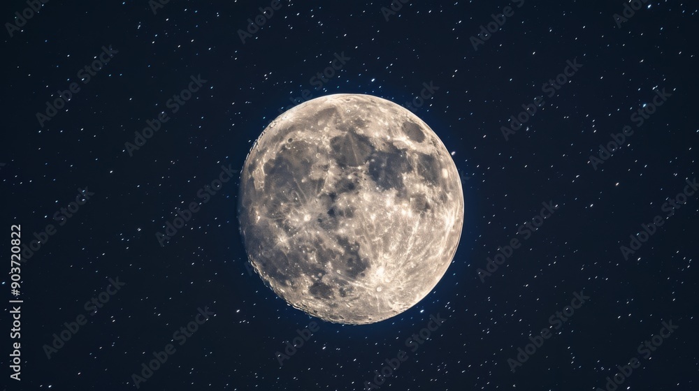 Close up view of a night full Moon reveals its rugged terrain, with craters, mountains, and valleys Close up view of a night full Moon reveals its rugged terrain, with craters, mountains, and valleys