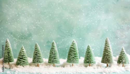 A row of small evergreen trees set in a snowy landscape, evoking a serene winter wonderland under a softly blurred turquoise sky.