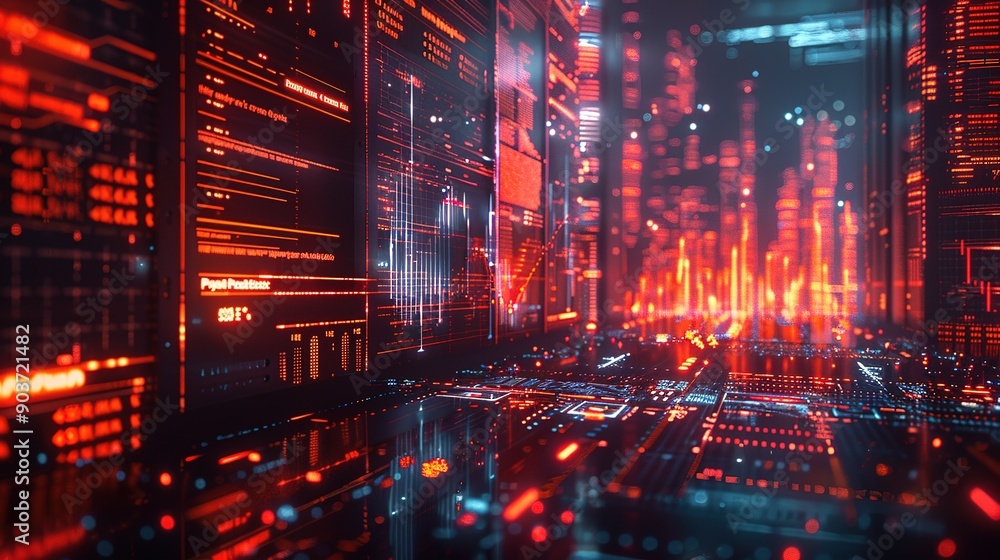Fototapeta premium Cyberpunk Cityscape: A futuristic, neon-drenched city of towering structures and glowing digital pathways. A mesmerizing blend of technology and urban life