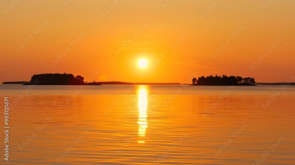 Golden sun setting behind distant islands and calm waters Golden sun setting behind distant islands and calm waters
