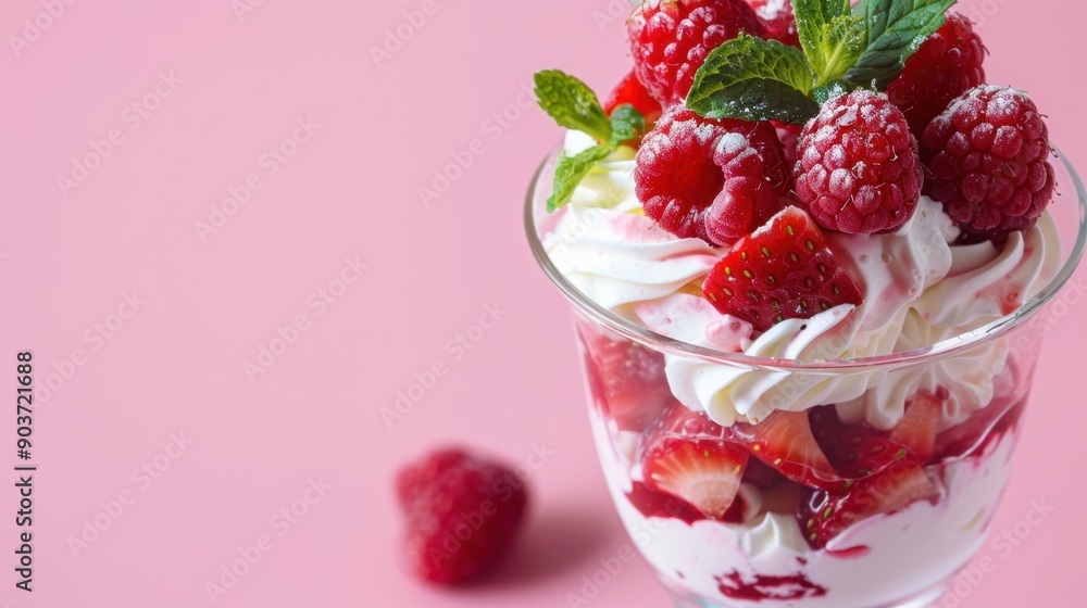 Berry parfait with whipped cream, strawberries, raspberries, and mint leaves in a glass Berry parfait with whipped cream, strawberries, raspberries, and mint leaves in a glass