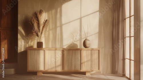 Sunlight streams into an elegant, minimalist room with wooden furniture, including a sideboard adorned with pampas grass and clay vases, creating a serene and aesthetically pleasing space.