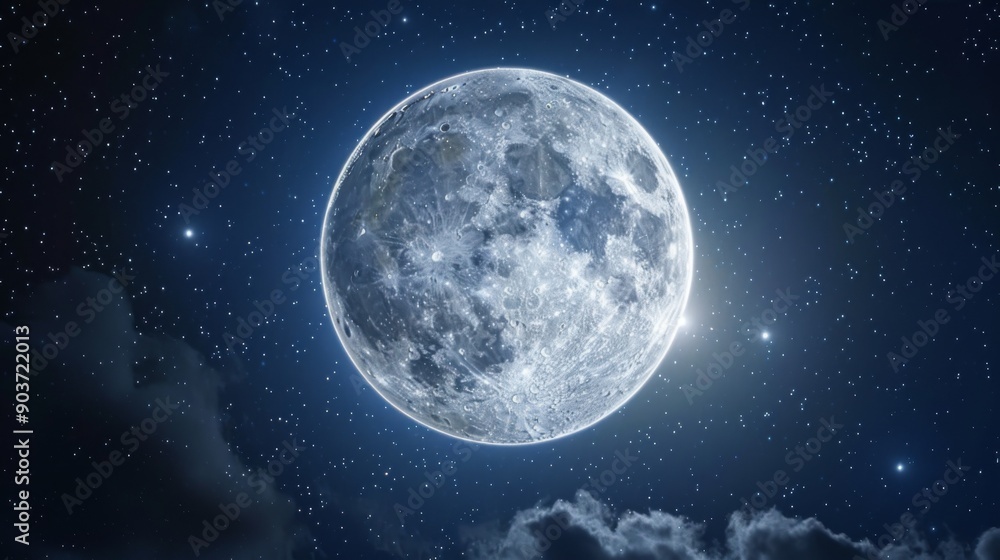 Close up view of a night full Moon reveals its rugged terrain, with craters, mountains, and valleys Close up view of a night full Moon reveals its rugged terrain, with craters, mountains, and valleys