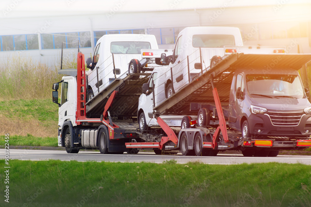 Car carrier truck transporting new cars for sale
