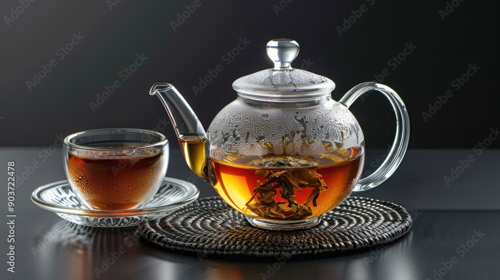 A glass teapot and cup of tea on a coaster. This image is ideal for representing relaxation and enjoyment of a hot beverage. A glass teapot and cup of tea on a coaster. This image is ideal for representing relaxation and enjoyment of a hot beverage.