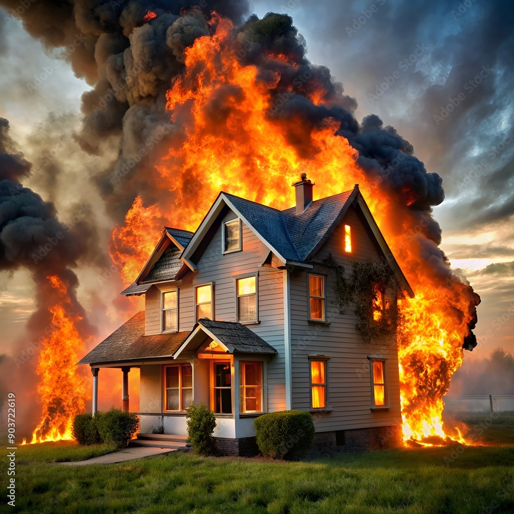 Dramatic image of a house engulfed in flames, with intense smoke and fire Dramatic image of a house engulfed in flames, with intense smoke and fire