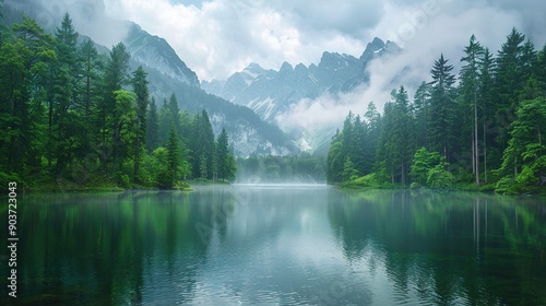 Serene Mountain Lake: A tranquil vista of a pristine lake nestled amidst towering mountains, shrouded in a soft mist, evokes a sense of peace and wonder. 