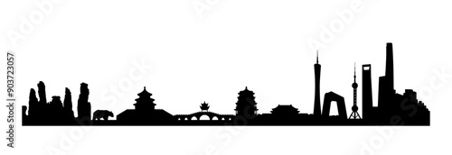 Silhouettes of historical national and modern Chinese landmarks. Skyline with the most famous sights of China. Vector travel illustration on a transparent background. 