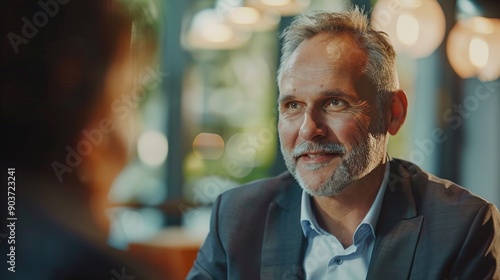 A business leader wearing a suit is sitting while discussing with his team in the office.