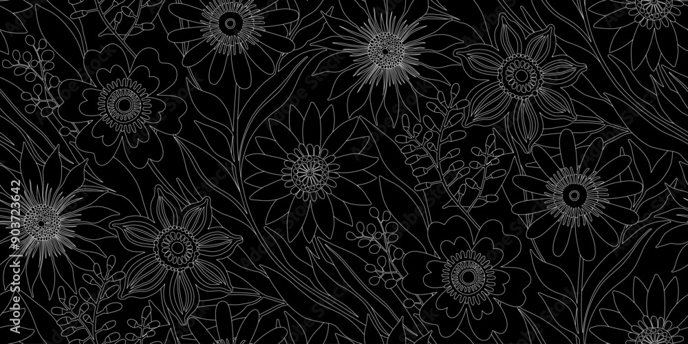 custom made wallpaper toronto digitalFloral Seamless Pattern of Flowers and Leaves in Line Art Bohemian style, White Outline on Black Background. Wallpaper Design for Textiles, Fabrics, Papers, Prints, Beauty Products.