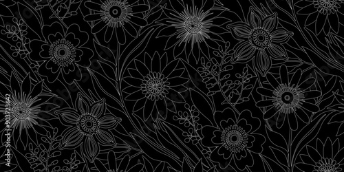 Wallpaper Mural Floral Seamless Pattern of Flowers and Leaves in Line Art Bohemian style, White Outline on Black Background. Wallpaper Design for Textiles, Fabrics, Papers, Prints, Beauty Products. Torontodigital.ca