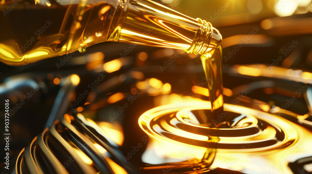 Close-up of golden oil being poured, capturing the smooth flow and rich color with highlights bouncing off, creating a luxurious and refined atmosphere. Close-up of golden oil being poured, capturing the smooth flow and rich color with highlights bouncing off, creating a luxurious and refined atmosphere.