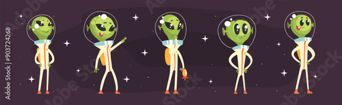 Cute Alien Green Character In Space Suit Vector Set