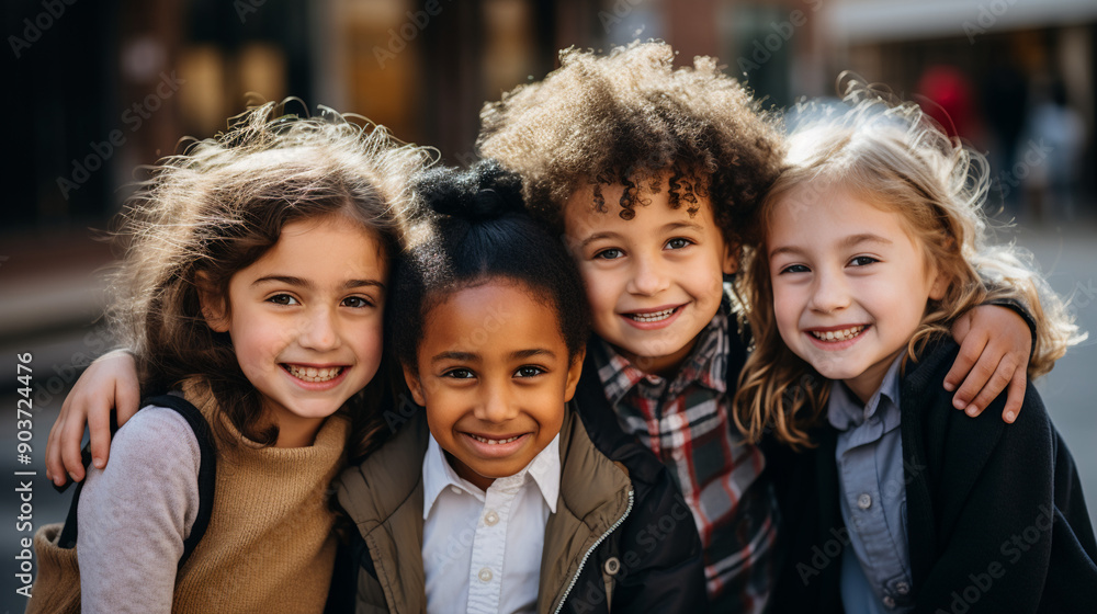 Group of diverse primary school children standing together and looking at the camera, photography. Group of diverse primary school children standing together and looking at the camera, photography.