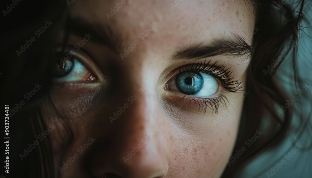Close-up of a woman's intense blue eyes, with freckles and minor blemishes visible on her skin, creating a raw and natural impression. Close-up of a woman's intense blue eyes, with freckles and minor blemishes visible on her skin, creating a raw and natural impression.