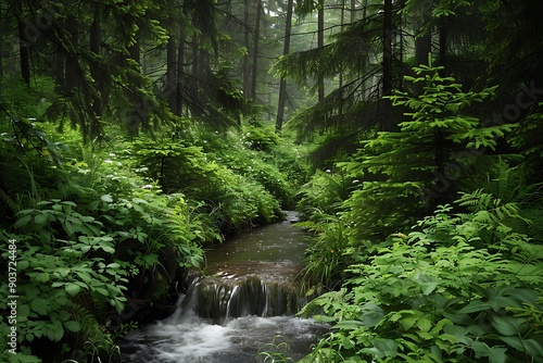 A serene forest scene with a small brook flowing through, surrounded by lush vegetation and tall trees creating a peaceful ambiance.