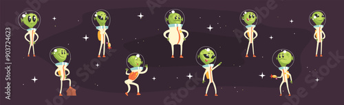 Cute Alien Green Character In Space Suit Vector Set
