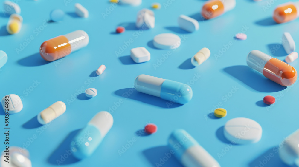 An array of colorful pills and tablets scattered against a blue background, representing healthcare, medicine, and treatment. An array of colorful pills and tablets scattered against a blue background, representing healthcare, medicine, and treatment.