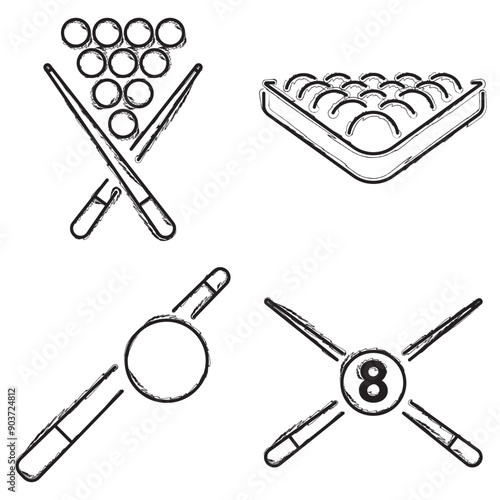 billiards icon set, brush strokes on white background. Vector illustration.