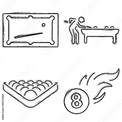 billiards icon set, brush strokes on white background. Vector illustration.