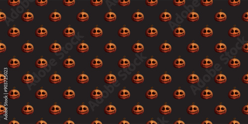 3D voodoo doll face on Halloween pumpkin seamless pattern on black background graphic illustration. Wrapping paper Halloween theme template.