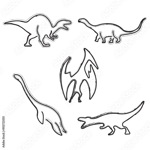 dinosaur icon set, brush strokes on white background. Vector illustration.