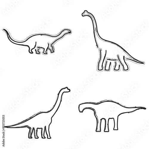 diplodocus icon set, brush strokes on white background. Vector illustration.