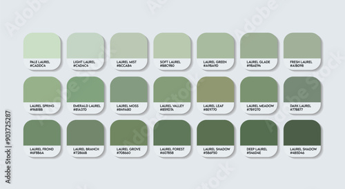 Laurel Color Palette, Laurel Green Color Guide Palette with Color Names. Catalog Samples of Green with RGB HEX codes and Names. Green Colors Palette Vector, Fashion Trend Laurel Green Color Tones