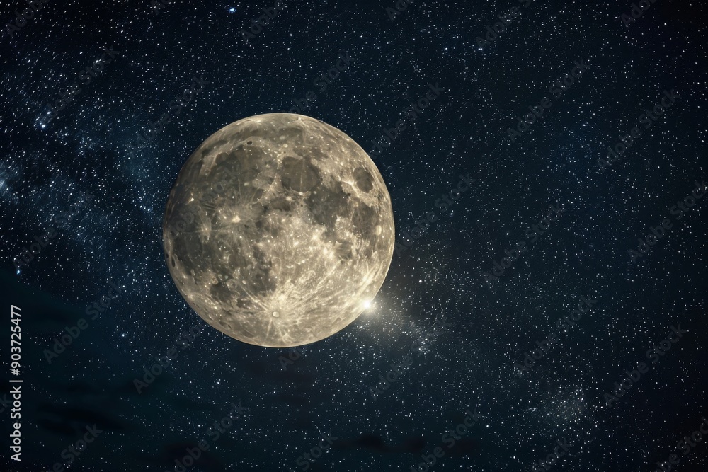 Obraz premium Close up view of a night full Moon reveals its rugged terrain, with craters, mountains, and valleys