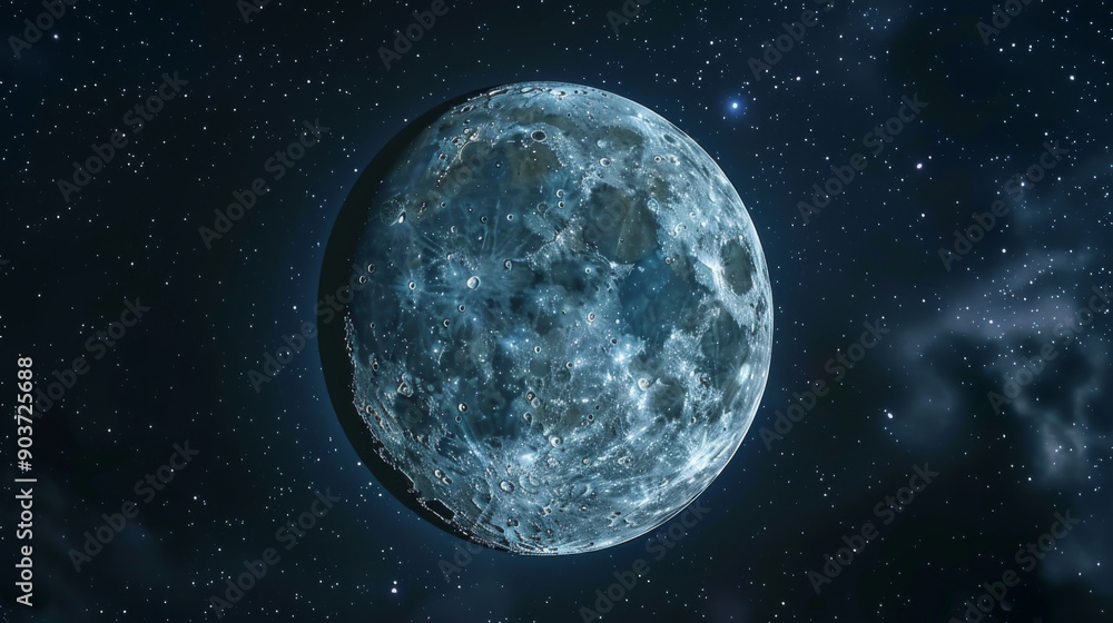 Fototapeta premium Close up view of a night full Moon reveals its rugged terrain, with craters, mountains, and valleys