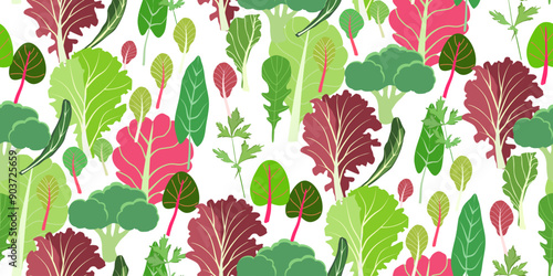 Mix of salad leaves. Cartoon set of green red raw leaves seamless pattern. Arugula, spinach, lettuce leaf, watercress. Organic vitamin ingredients for cooking healthy food. Vector illustration