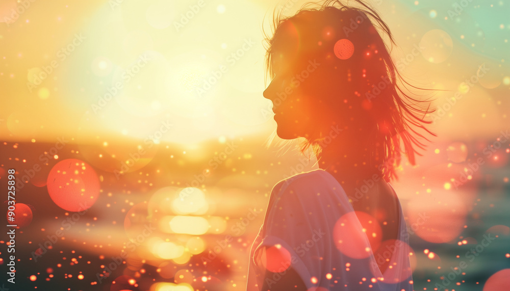 Silhouette of a woman with flowing hair, standing against a radiant sunset backdrop, surrounded by warm glowing bokeh lights, creating a dreamy and serene atmosphere. Silhouette of a woman with flowing hair, standing against a radiant sunset backdrop, surrounded by warm glowing bokeh lights, creating a dreamy and serene atmosphere.