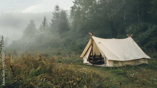 1. Tent, realistic style, earth tones, nature-inspired pattern, wide shot, natural light, fog,