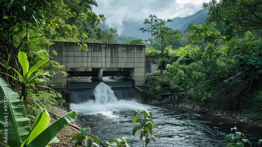 Small Hydropower Plant Integrated Into A Natural Setting Stock Photo