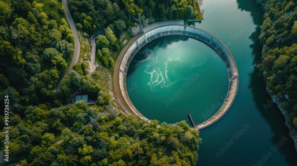 Aerial view of circular reservoir feeding a hydropower plant Aerial view of circular reservoir feeding a hydropower plant