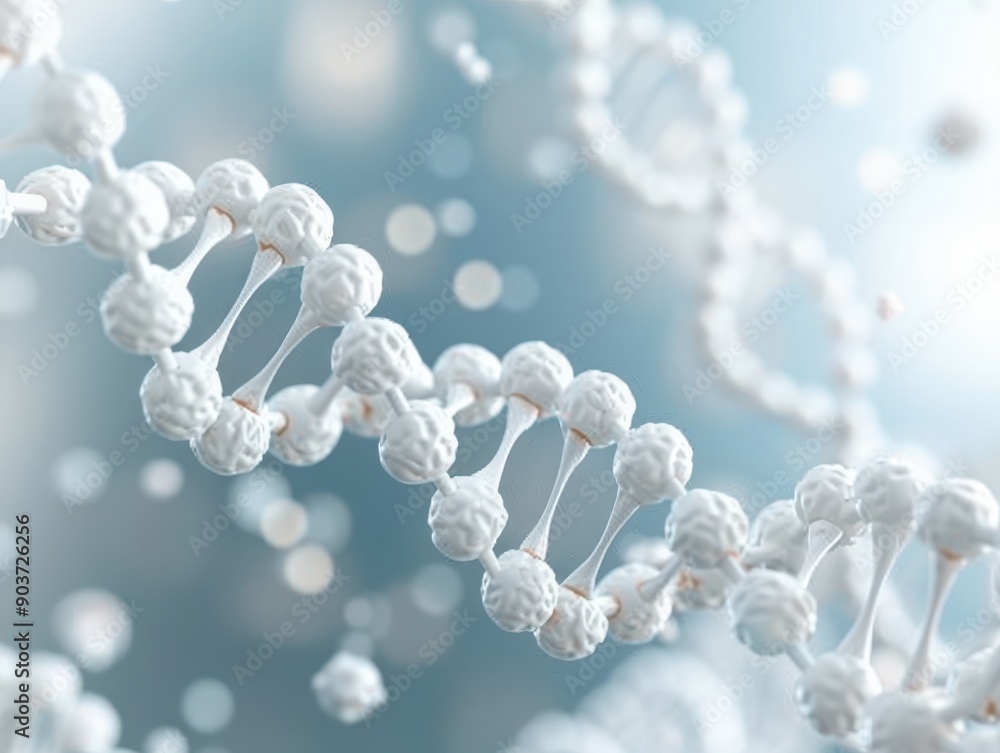 The image is a close up of a strand of DNA, with many small white beads representing the nucleotides. The beads are arranged in a spiral pattern, with some overlapping and others standing alone The image is a close up of a strand of DNA, with many small white beads representing the nucleotides. The beads are arranged in a spiral pattern, with some overlapping and others standing alone